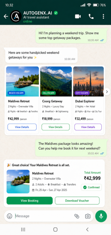 AGX Chat — travel booking on WhatsApp