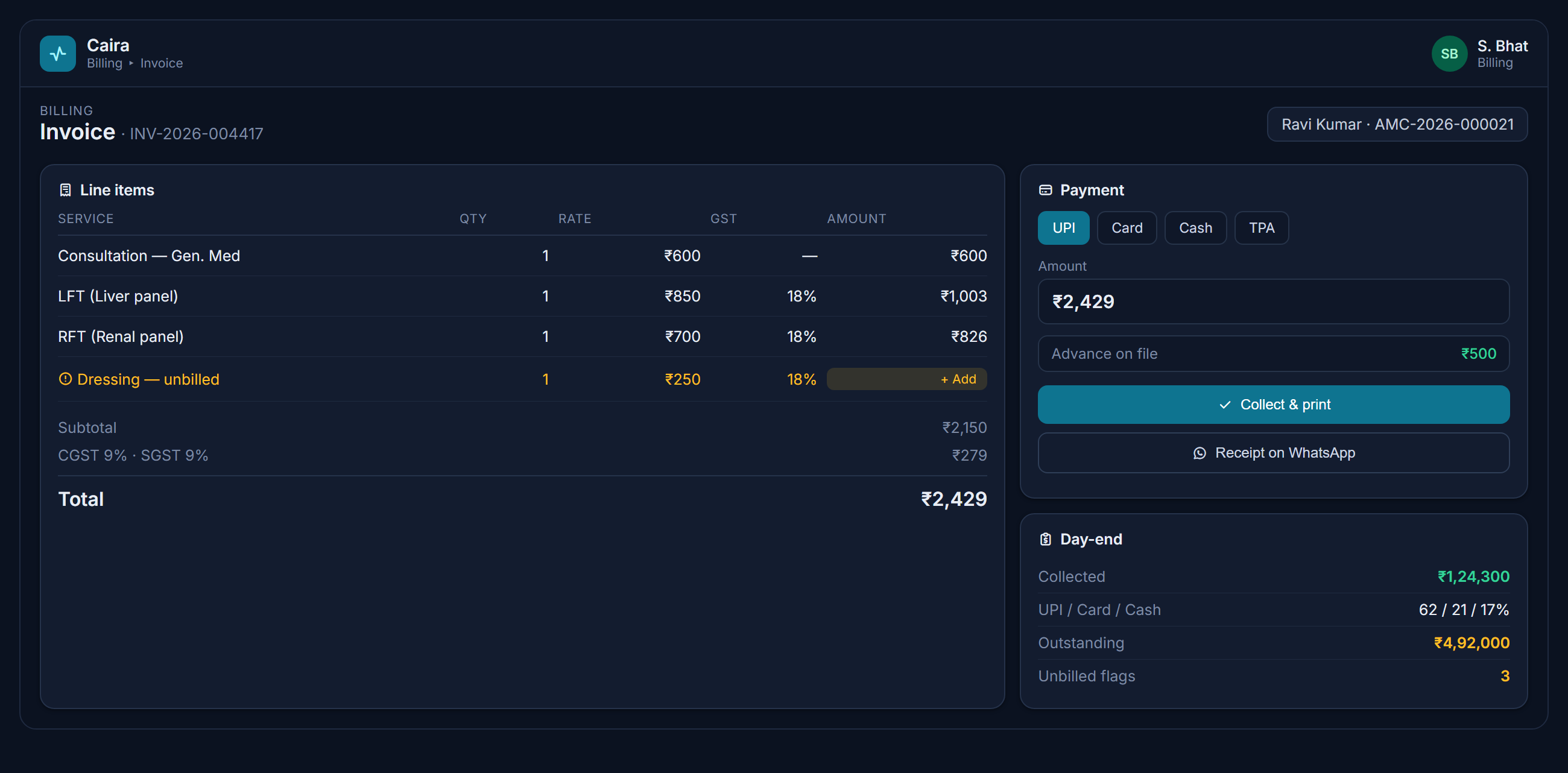 Caira CMS — billing and payments